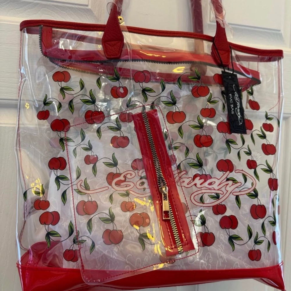 Ed Hardy Clear Tote with Red Cherry Print and Red Trim - Picture 4 of 7